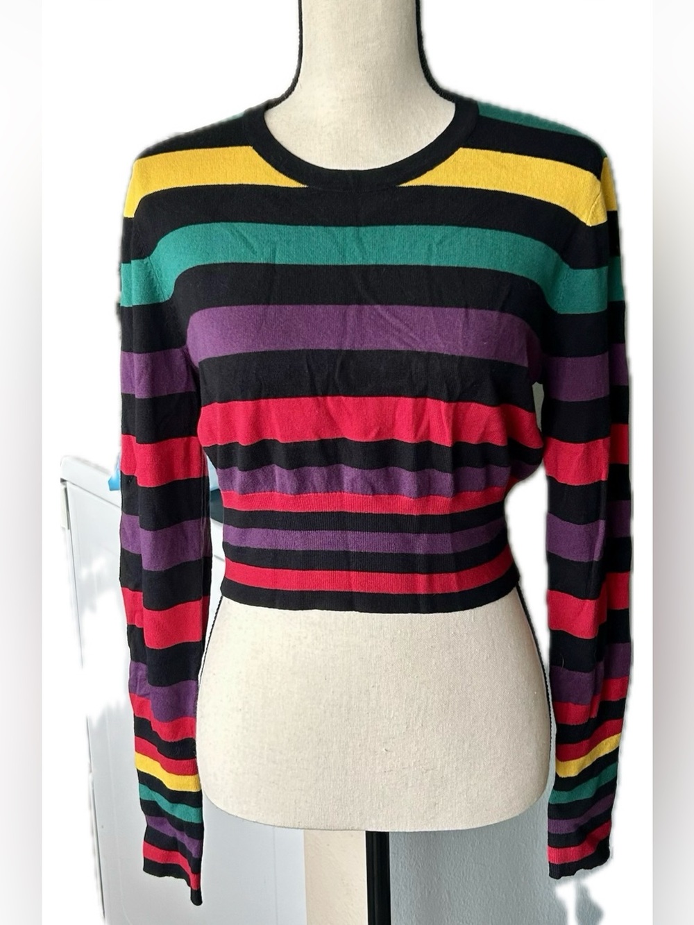 BCBGeneration Black Multi-Stripe Cropped Long-Sleeve Tee